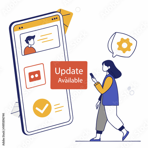 Mobile app update notification woman walking smartphone interface design