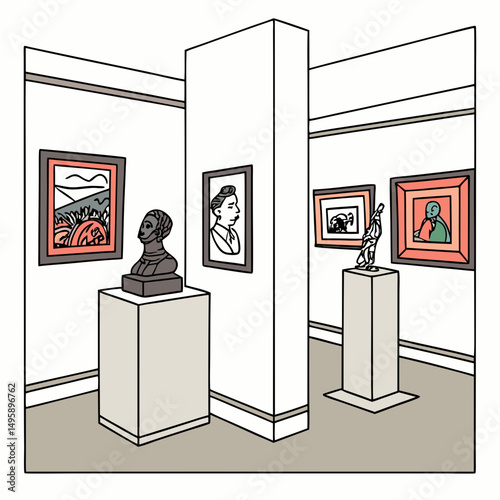 Modern art gallery interior minimalist line art illustration
