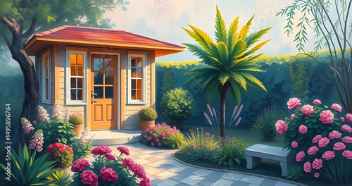 Home with garden, Garden oil painting, House in garden, Cottage garden painting, Country home art, Flower garden scene, House landscape painting, Garden path, Oil painting home, Cozy house painting, G
