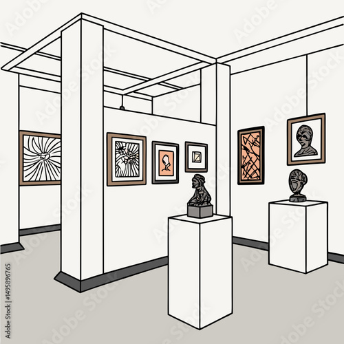 Modern art gallery interior minimalist line drawing white walls sculptures paintings