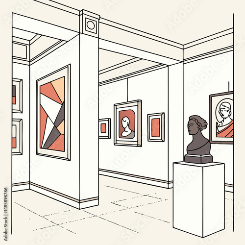 Modern art gallery interior minimalist line drawing artwork