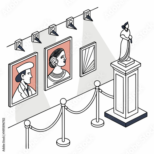 Modern art gallery isometric illustration paintings sculpture