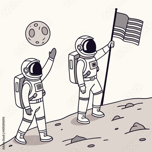 Two astronauts on the moon planting american flag space exploration