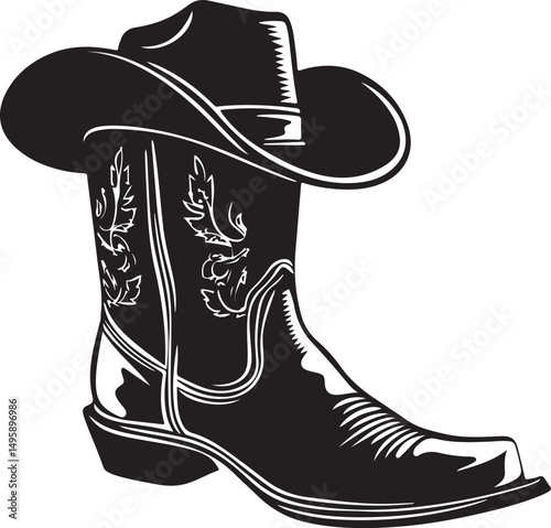 Cowboy Boot with Hat Silhouette Vector Illustration on Transparent Background
