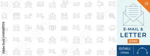 Email icon collection set. Containing mail, envelope, postal letter, and more. Editable stroke.
