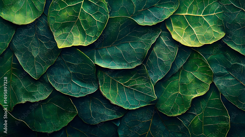 Fototapeta premium Close-up view of overlapping leaves with intricate venation patterns.