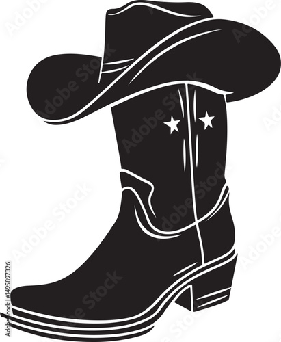 Cowboy Boot with Hat Silhouette Vector Illustration on Transparent Background