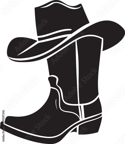 Cowboy Boot with Hat Silhouette Vector Illustration on Transparent Background