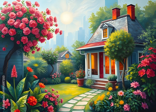 Home with garden, Garden oil painting, House in garden, Cottage garden painting, Country home art, Flower garden scene, House landscape painting, Garden path, Oil painting home, Cozy house painting, G