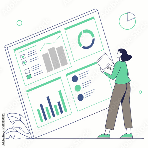 Woman reviewing data analytics dashboard charts graphs business report