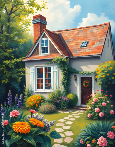 Home with garden, Garden oil painting, House in garden, Cottage garden painting, Country home art, Flower garden scene, House landscape painting, Garden path, Oil painting home, Cozy house painting, G