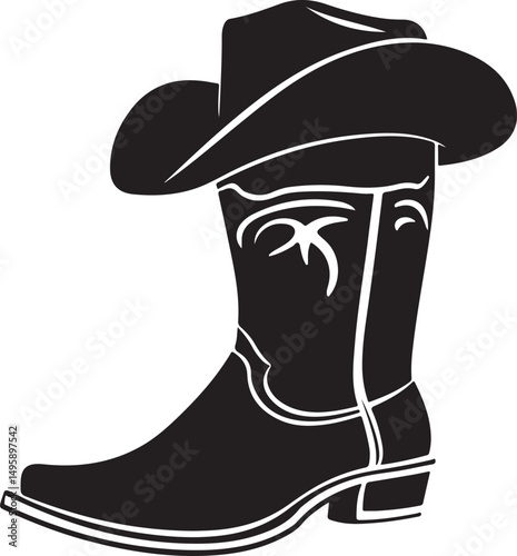 Cowboy Boot with Hat Silhouette Vector Illustration on Transparent Background