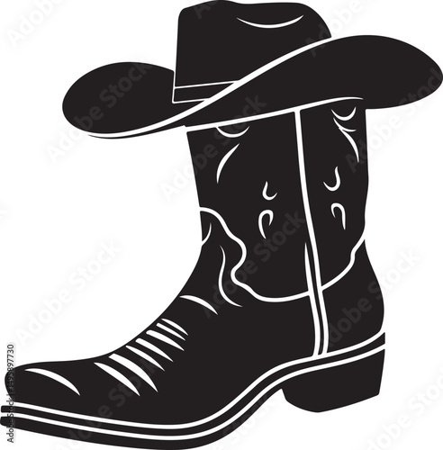 Cowboy Boot with Hat Silhouette Vector Illustration on Transparent Background