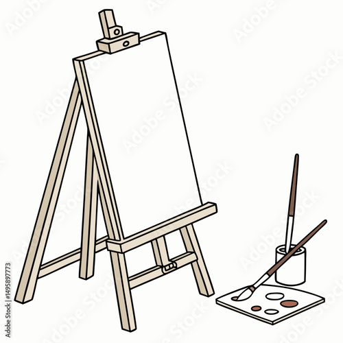 Wooden easel with blank canvas paintbrushes and palette