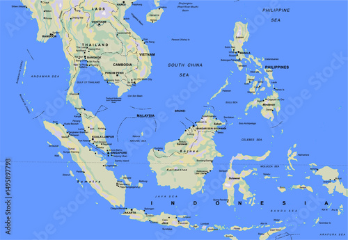 Vector geographical world map. South east asia region with 
philippines, indonesia, vietnam, thailand, laos, singapore,
cambodia, sumatra, malaysia, brunei, philippine sea,
south china sea, borneo.