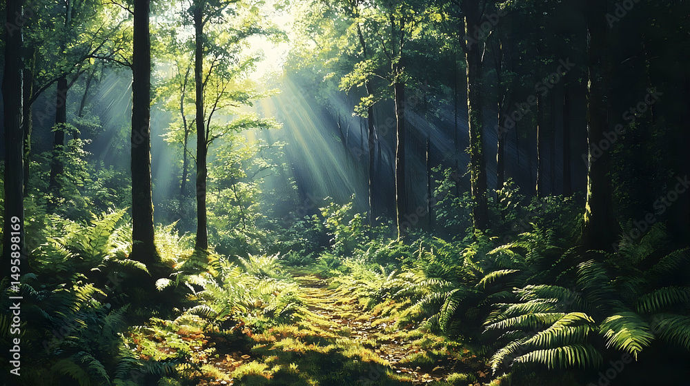 Obraz premium Sunlight streams through a lush forest.
