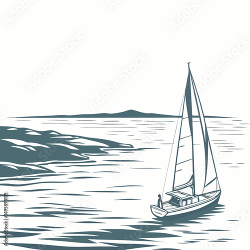 Sailboat on calm ocean near rocky coastline under a clear sky