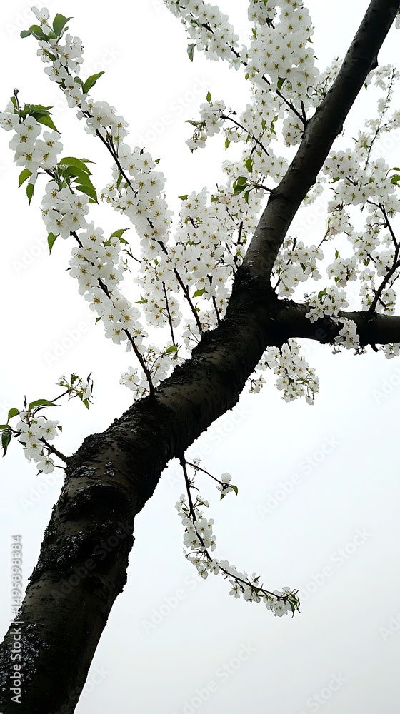 Obraz premium An upward perspective of a flowering tree with vibrant white blossoms and green leaves high resolution photo