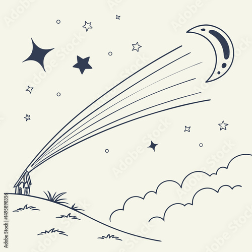 Shooting star over little house night sky stars moon clouds