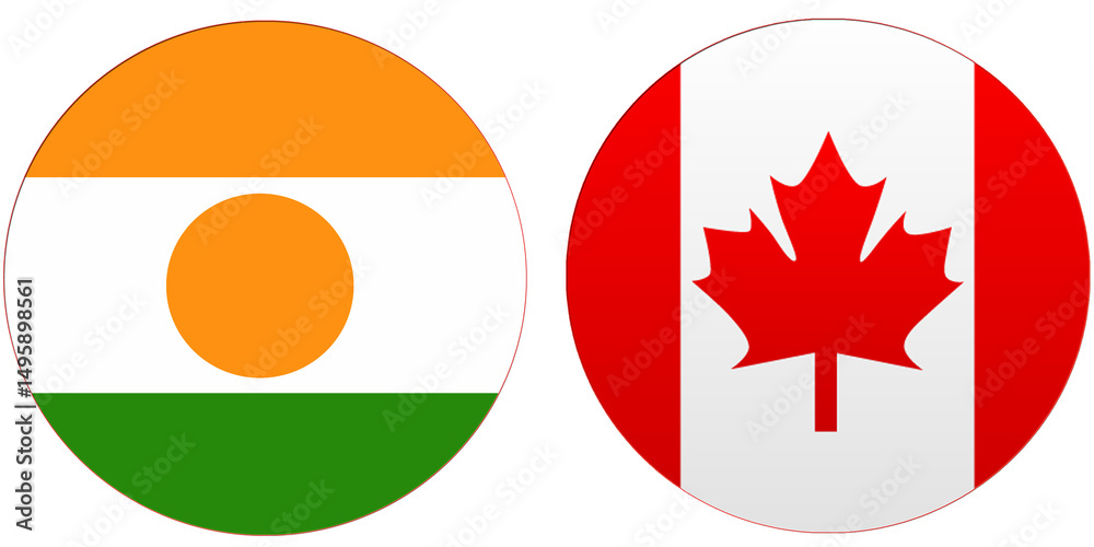 Fototapeta premium Canada Official flag with Niger national flag, both countries flags are in Round shape and isolated on white background, Circular colorful design Flag with together.