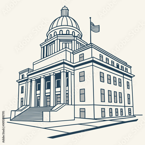 Classic government building architectural line drawing illustration