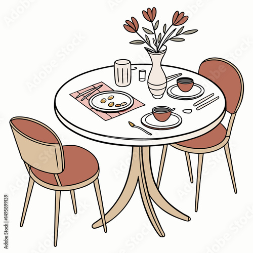 Cozy breakfast table setting with flowers and coffee cups