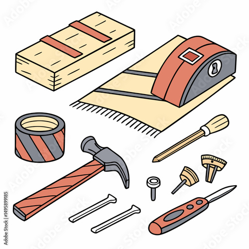 Assorted carpentry tools and materials flat lay illustration
