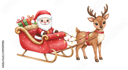 Santa in a red sleigh with gifts being pulled by a reindeer with christmas lights on a white background