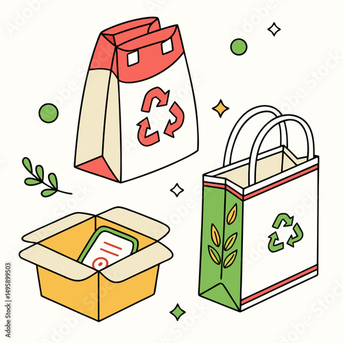 Eco friendly packaging sustainable shopping bags boxes recycling symbols