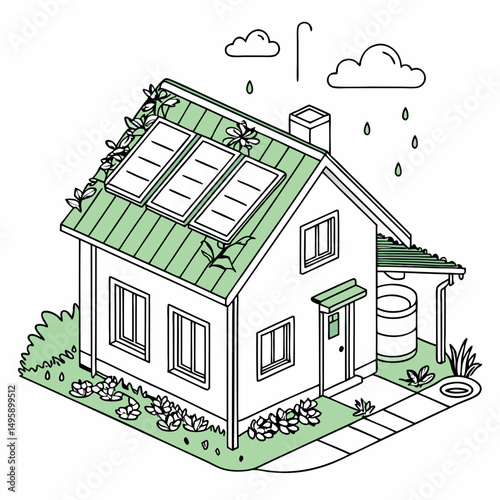 Eco friendly house solar panels rainwater harvesting green roof