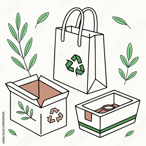 Eco friendly packaging sustainable shopping bags boxes recycling symbol green leaves