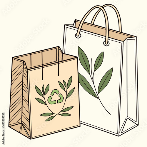 Eco friendly paper shopping bags with green leaves design