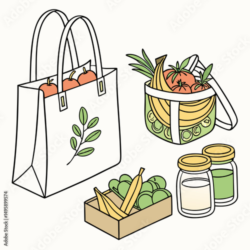 Reusable shopping bag healthy food grocery shopping apples bananas tomatoes greens