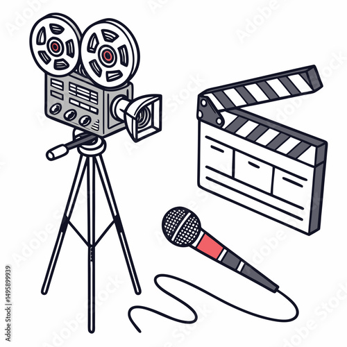 Filmmaking equipment vintage movie camera clapperboard microphone