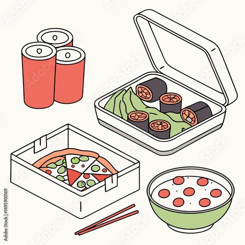 Delicious lunch box with pizza sushi and soup