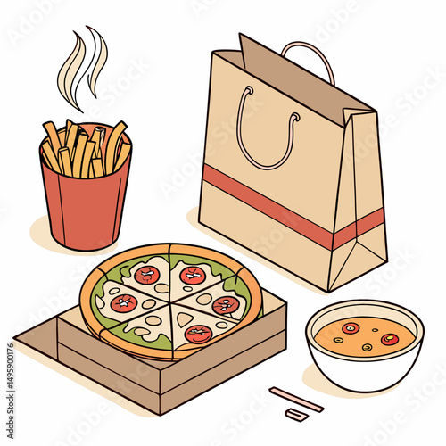Delicious pizza french fries soup takeout meal delivery