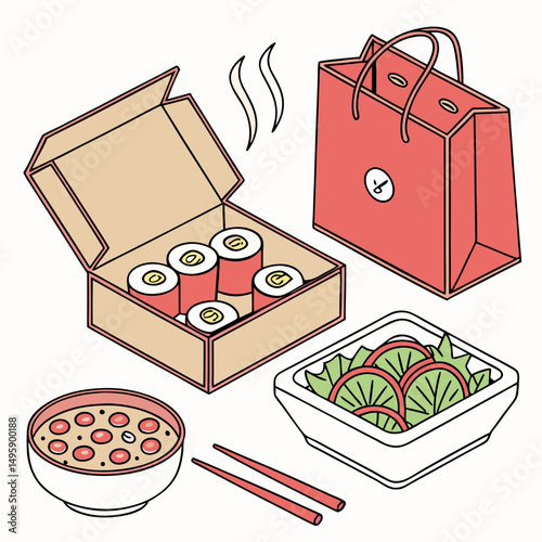 Delicious asian takeout food sushi salad soup chopsticks
