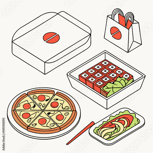 Delicious pizza sushi and salad takeout food delivery boxes