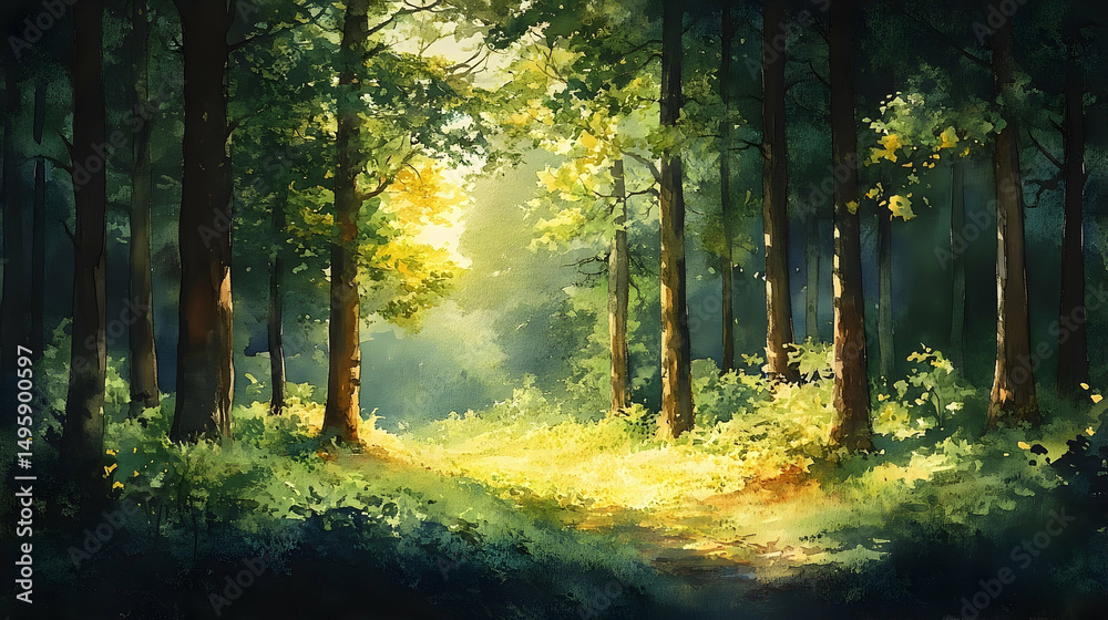 Fototapeta premium Sunlight streams through a tranquil forest.