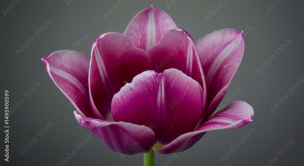 Naklejka premium Vibrant pink tulip blossom with elegant petals on a soft gray background