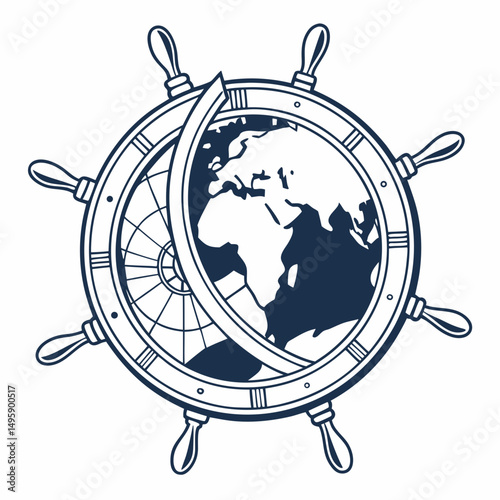 Nautical ship wheel globe earth navigation travel adventure