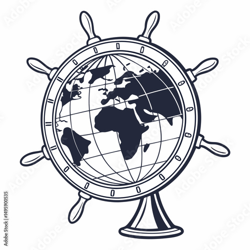 Globe with ship wheel nautical travel exploration adventure