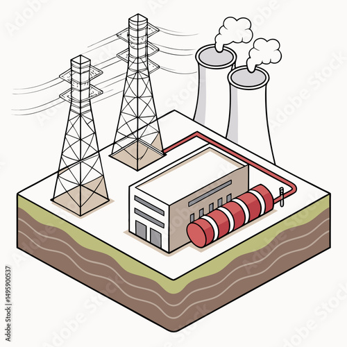 Isometric illustration of power plant with transmission towers