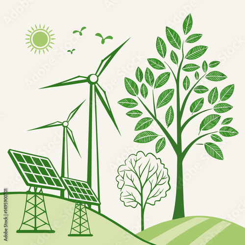 Green energy sustainable power windmills solar panels trees