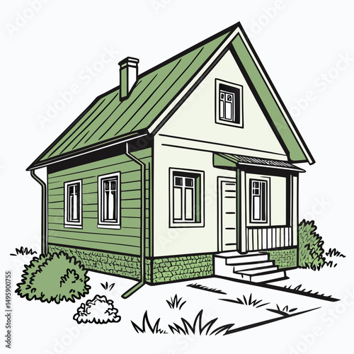 Charming green house suburban home exterior illustration