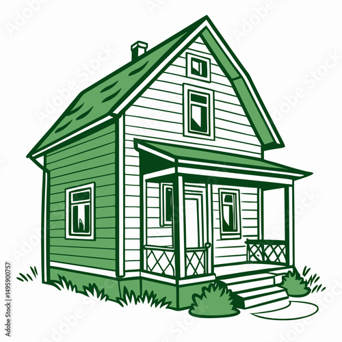 Charming green house illustration suburban home cottage style