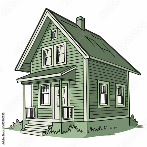 Charming green house illustration suburban home cottage style