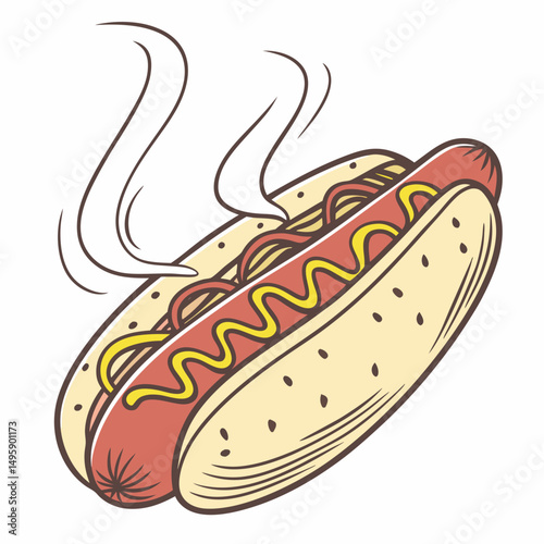 Delicious hot dog with mustard and ketchup illustration