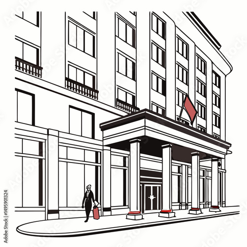 Elegant hotel building exterior man with luggage