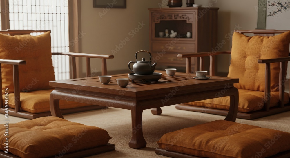 Fototapeta premium Tea Ceremony Arrangement with Teapot and Cups on Wooden Table